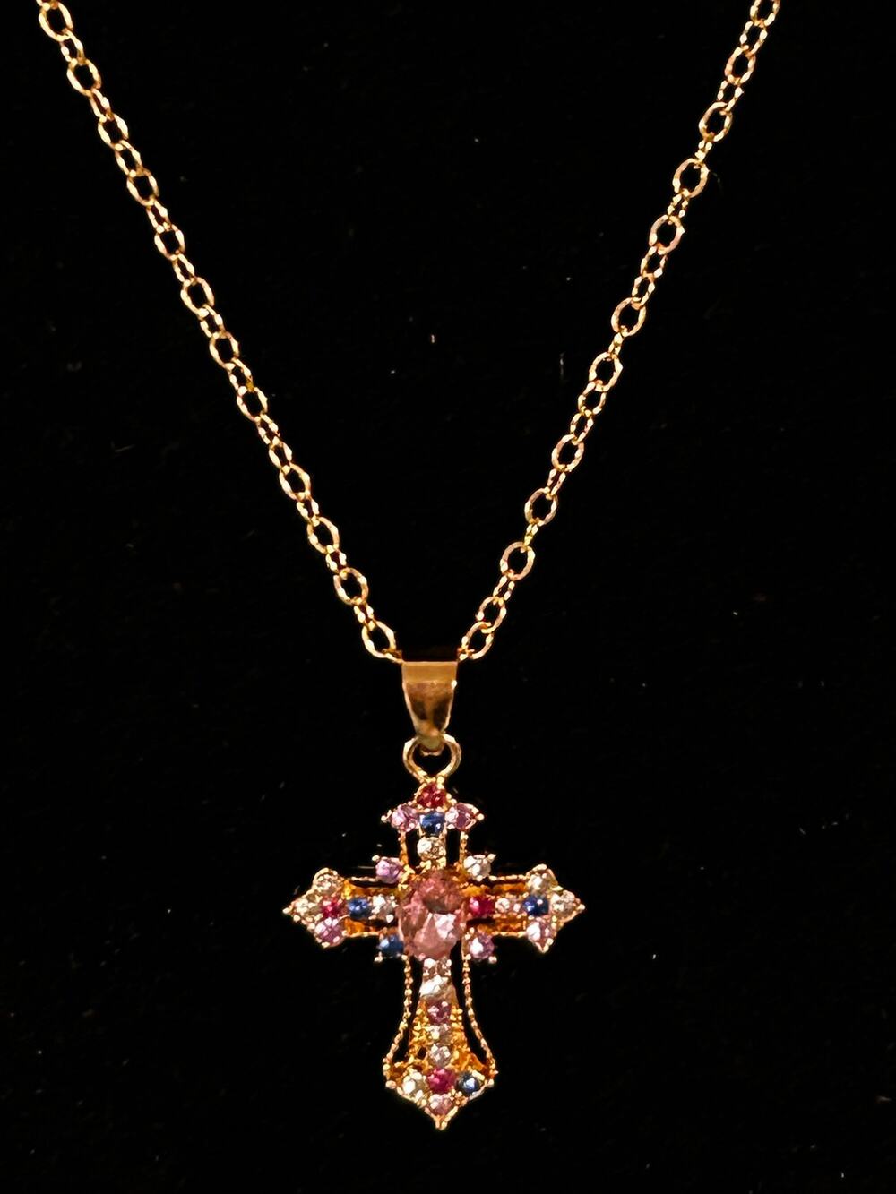 Gold Tone Ornate Cross Pendant Necklace Earrings Set Pink Purple 18 In